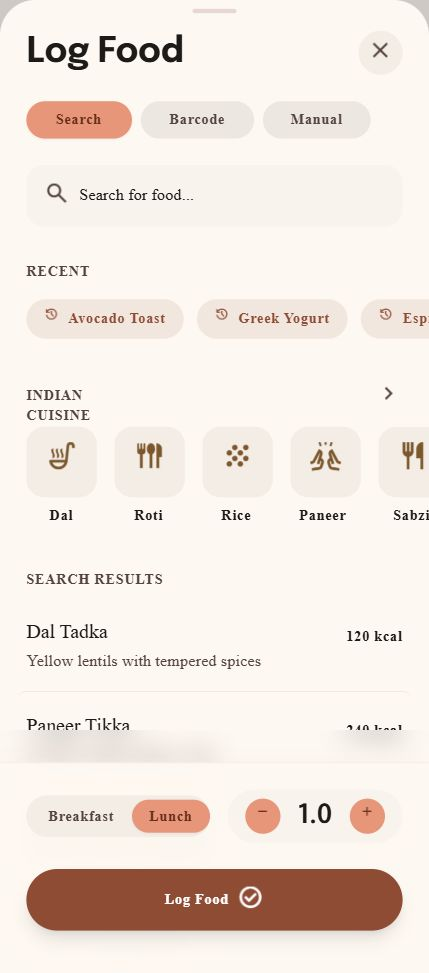 TrackFlow log food screen