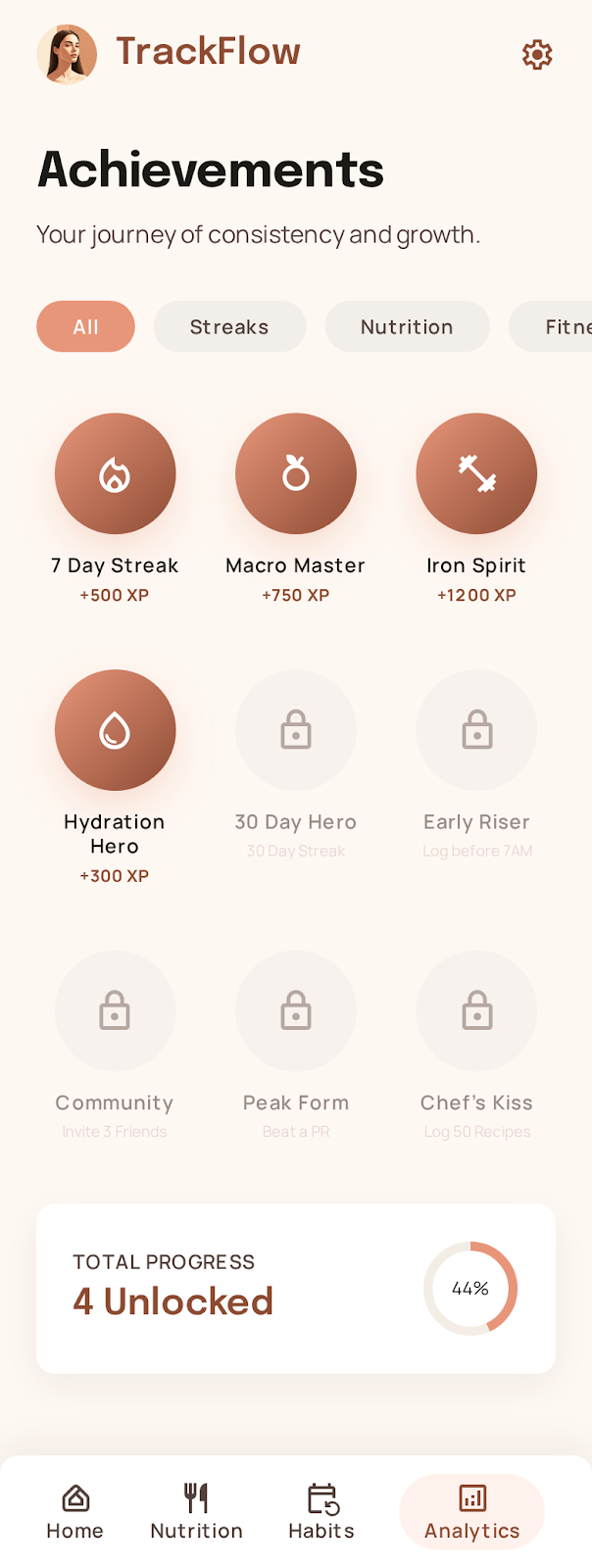 TrackFlow achievements screen